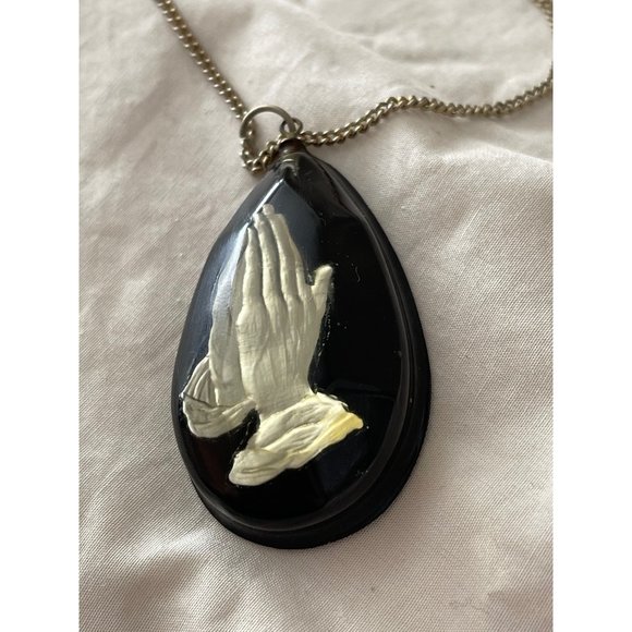 Vintage/Antique Epoxy Prayer Hands Black Teardrop Pendant Chain Necklace - Picture 5 of 12